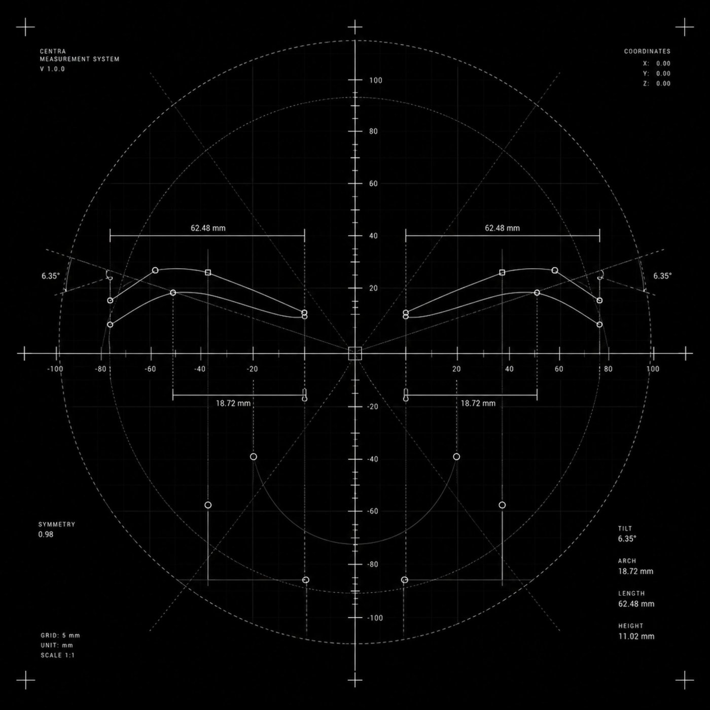 Technical brow measurement diagram with coordinate grid, symmetry axis and measurements