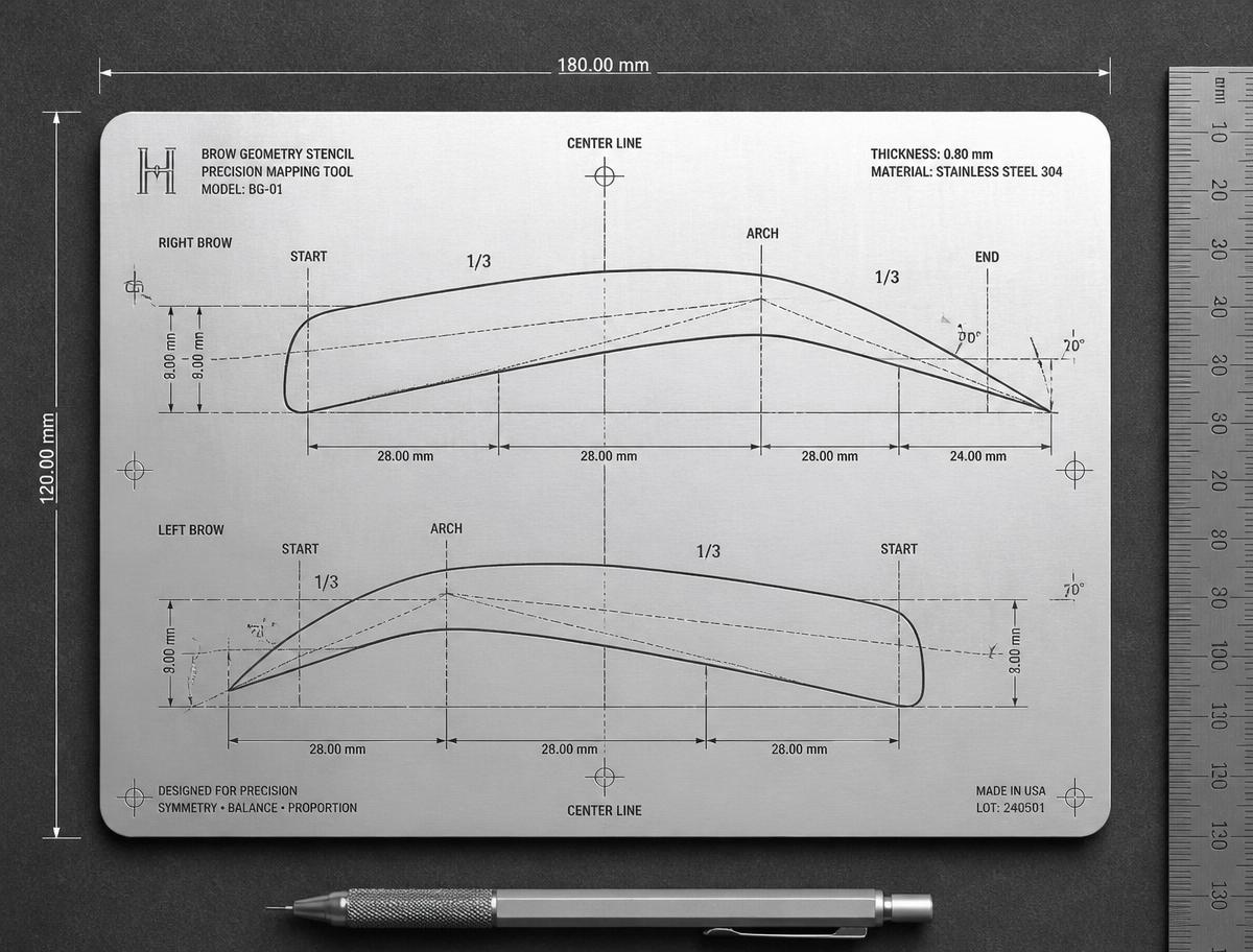True-scale brow geometry stencil with millimetre dimensions